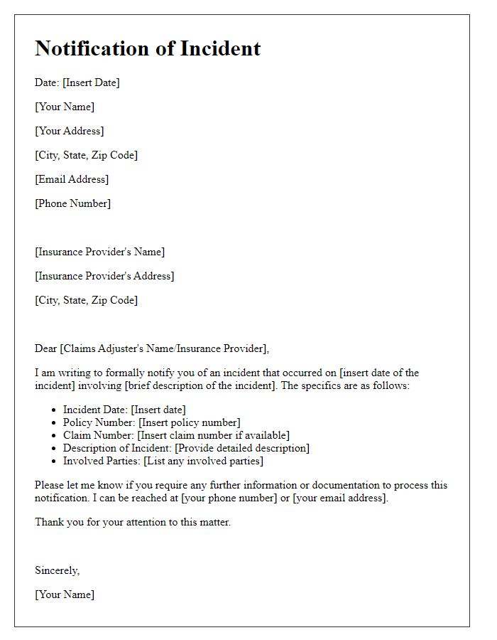 Letter template of notifying insurance provider about an incident.