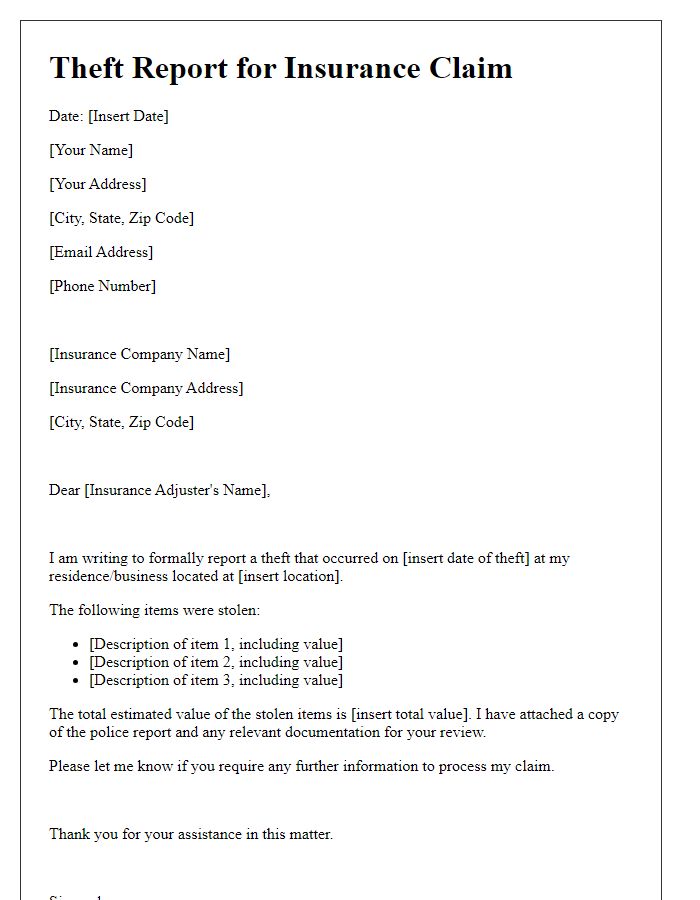 Letter template of reporting theft for insurance purposes.