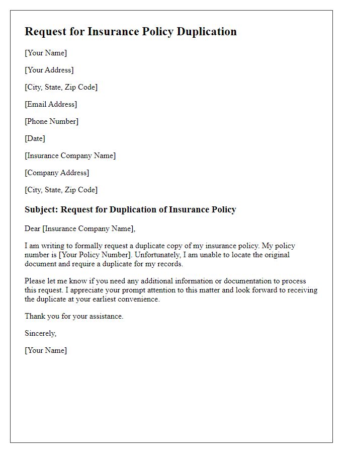 Letter template of request for insurance policy duplication