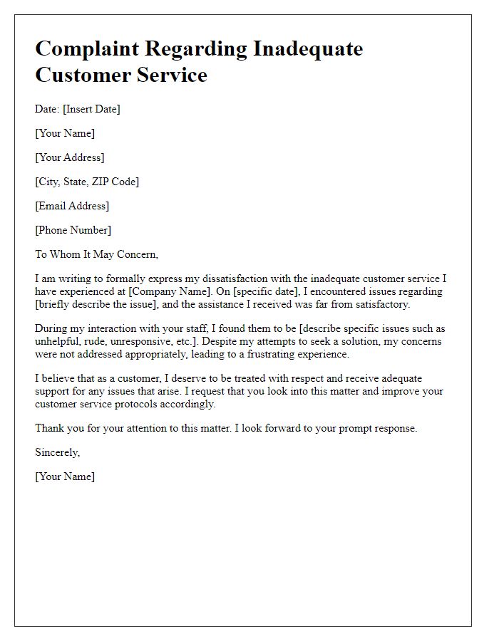 Letter template of complaint regarding inadequate customer service