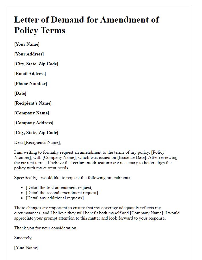 Letter template of demand for amendment of policy terms