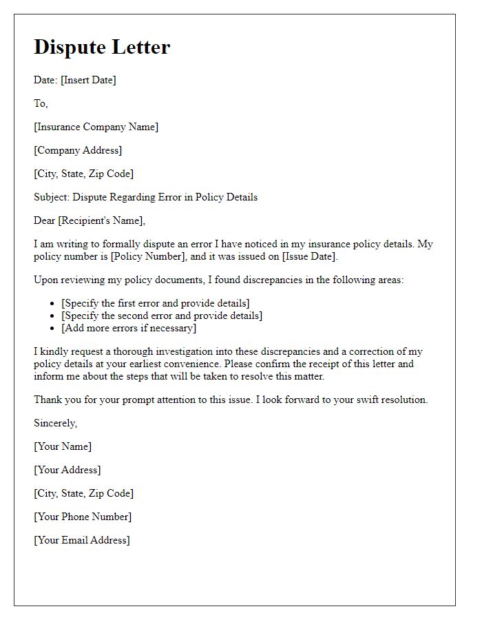 Letter template of dispute against error in policy details