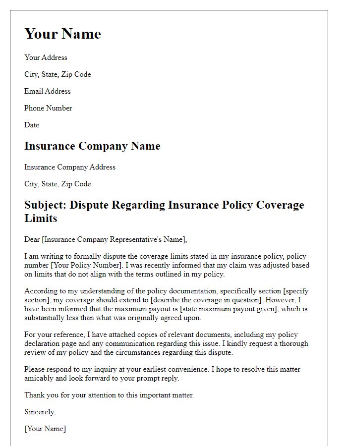 Letter template of insurance policy dispute regarding coverage limits