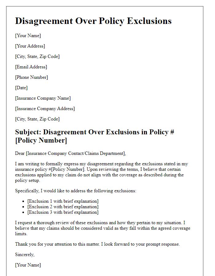 Letter template of insurance policy terms disagreement over exclusions