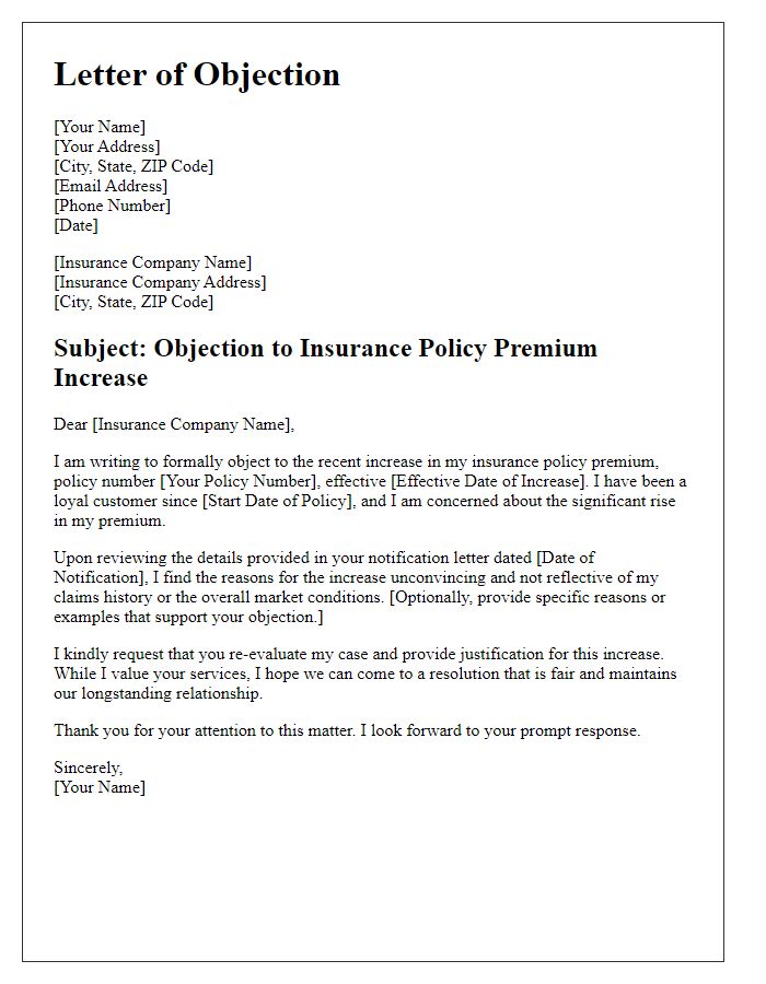 Letter template of objection to insurance policy premium increases