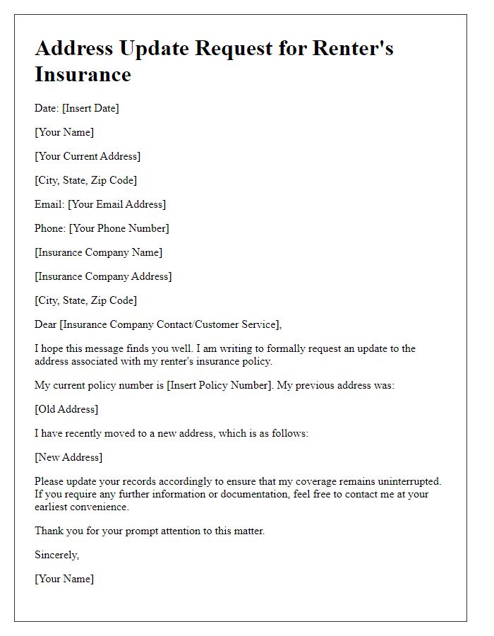 Letter template of address update request for renter's insurance