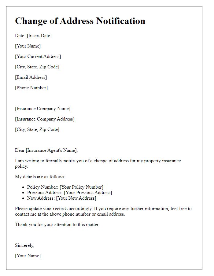 Letter template of change of address for property insurance