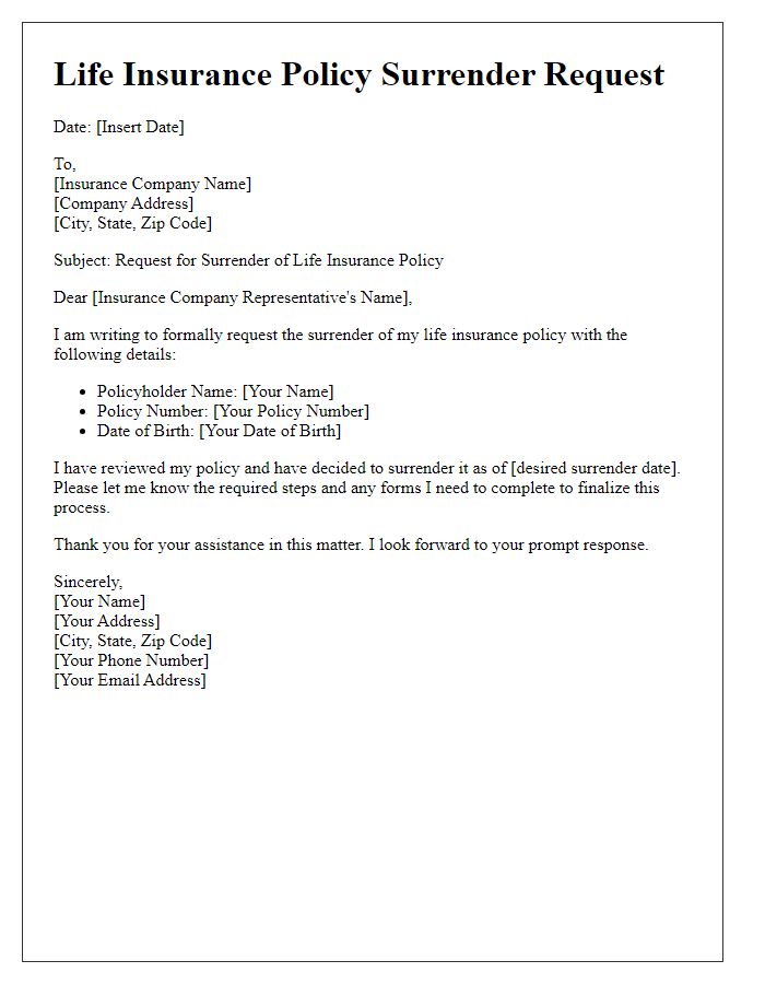 Letter template of life insurance policy surrender request