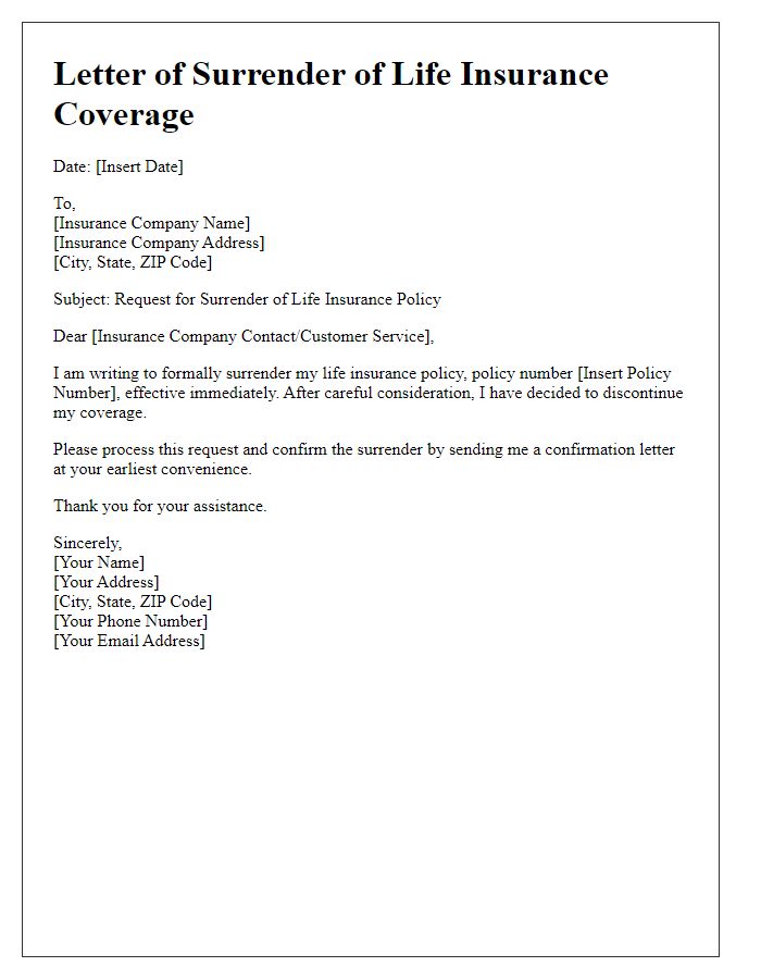 Letter template of surrendering coverage on life insurance policy