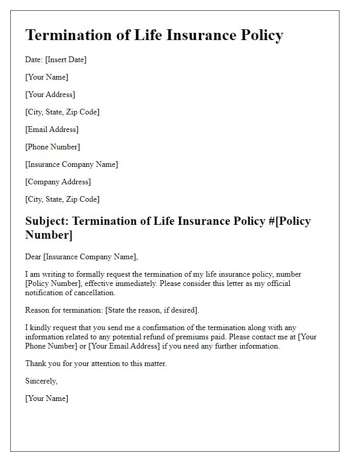 Letter template of termination of life insurance policy