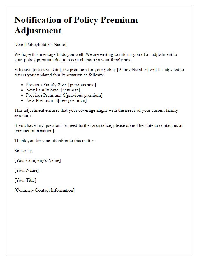 Letter template of policy premium adjustment based on family size changes