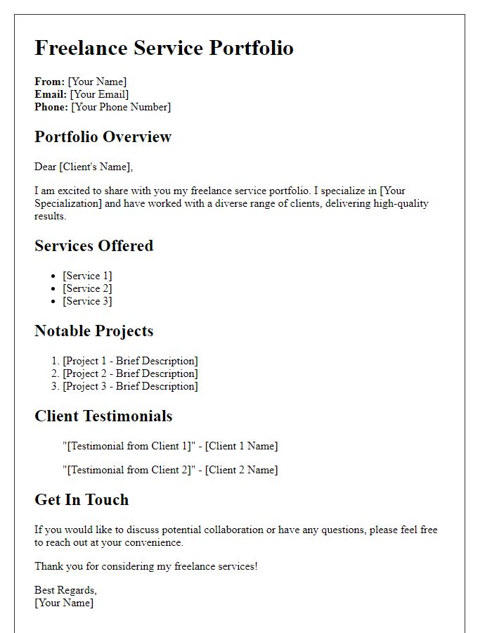 Letter template of freelance service portfolio details