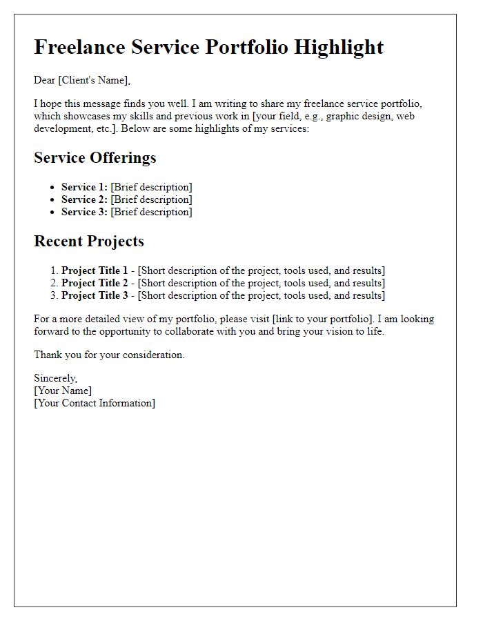 Letter template of freelance service portfolio highlight