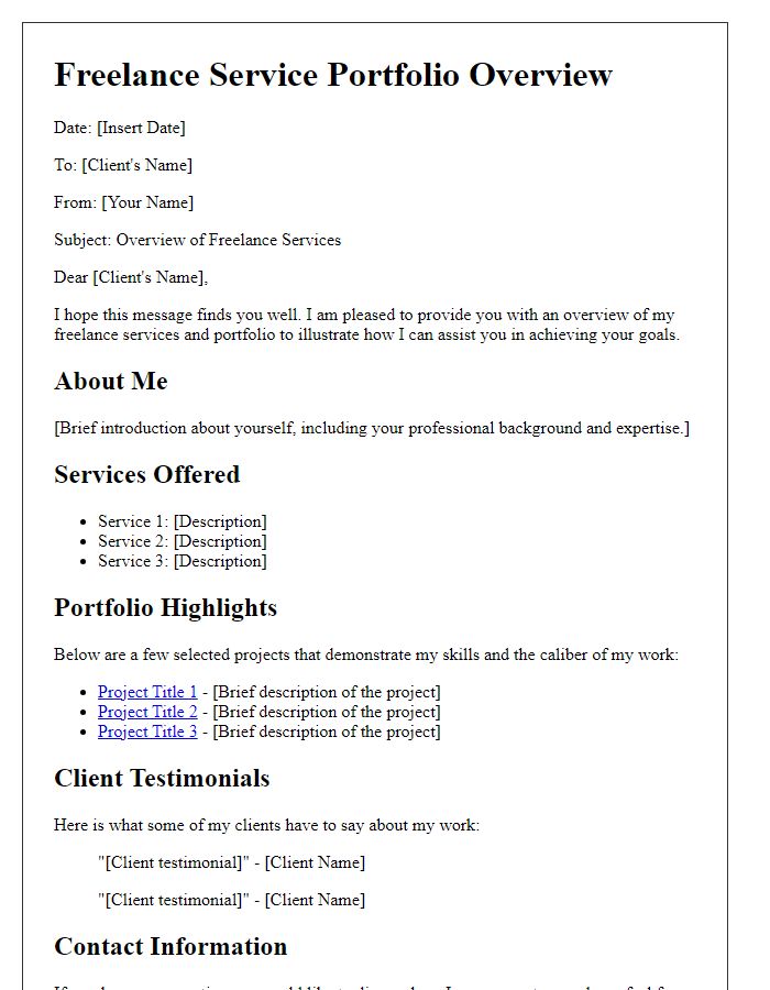 Letter template of freelance service portfolio overview