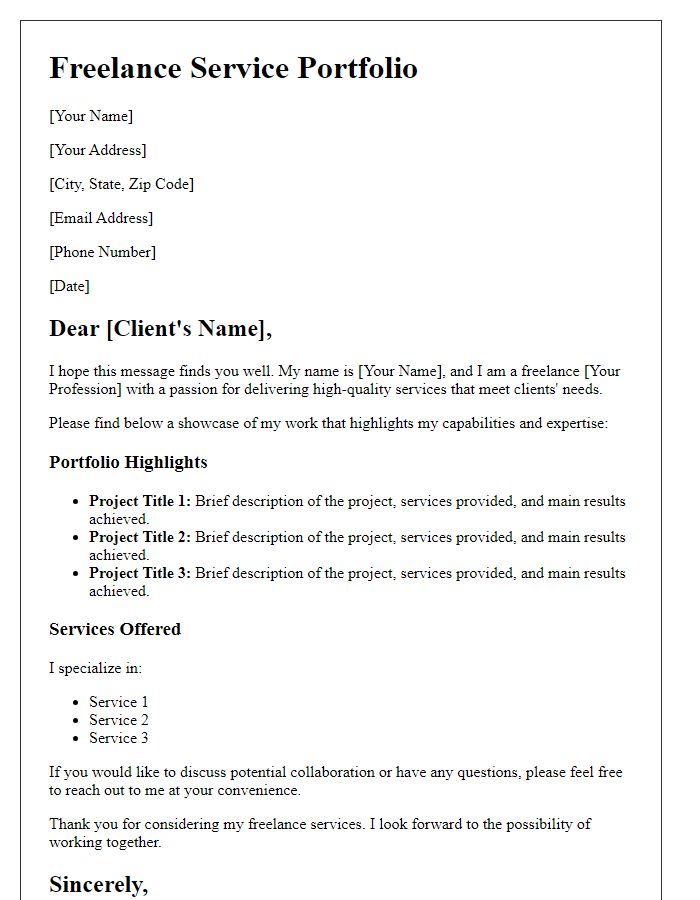 Letter template of freelance service portfolio showcase