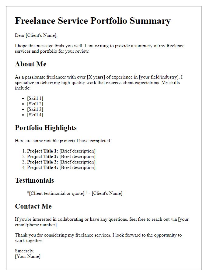 Letter template of freelance service portfolio summary