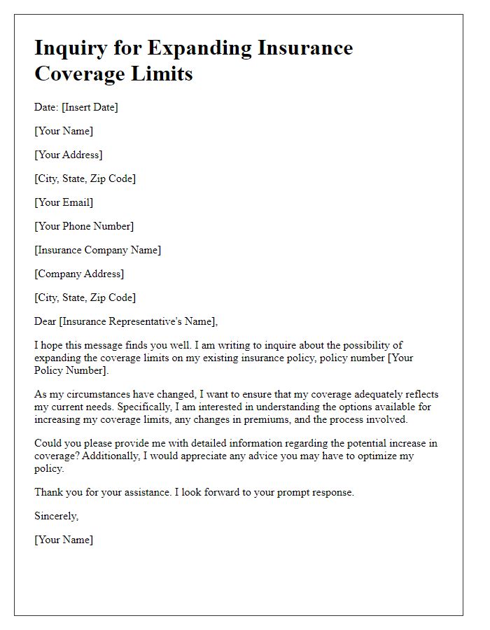 Letter template of inquiry for expanding insurance coverage limits