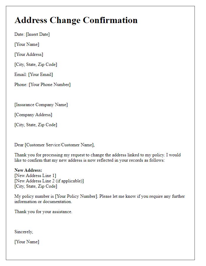 Letter template of confirmation for changing address linked to policy