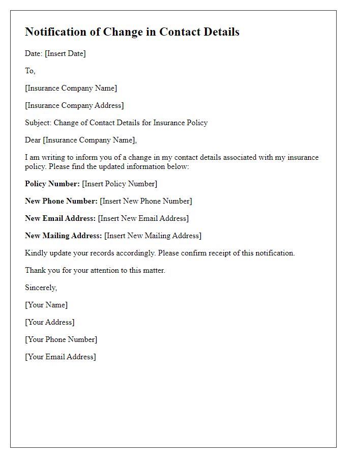 Letter template of notification for changing contact details associated with insurance policy