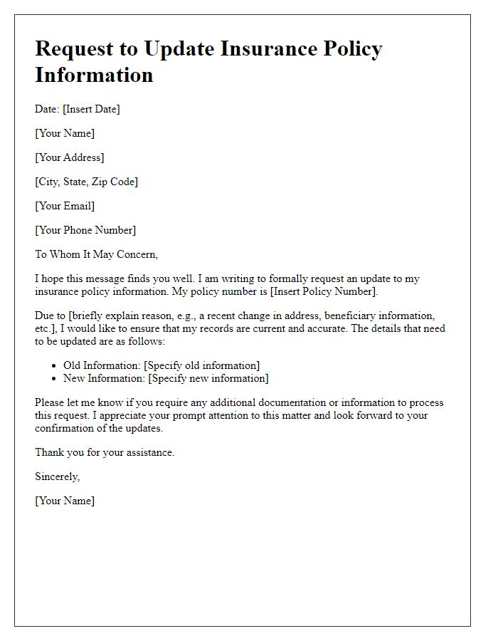 Letter template of request for updating insurance policy information