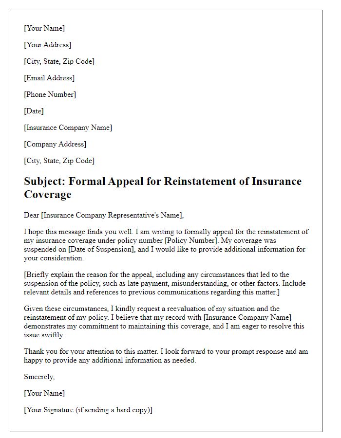 Letter template of Formal Reinstatement Appeal for Insurance Coverage