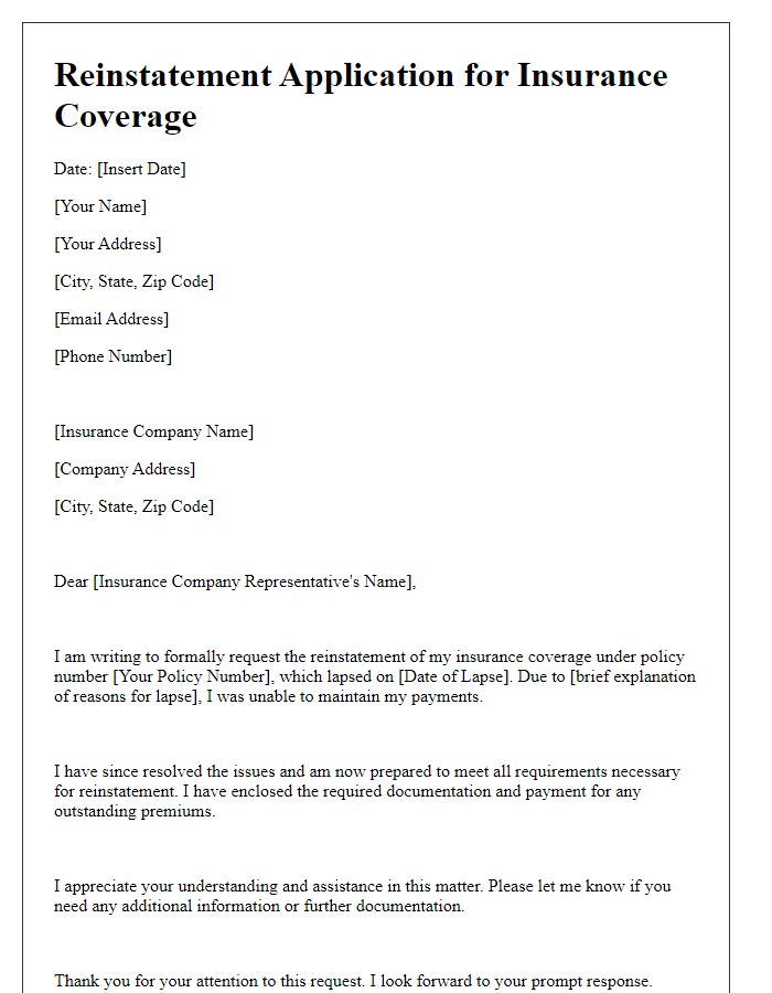 Letter template of Reinstatement Application for Insurance Coverage