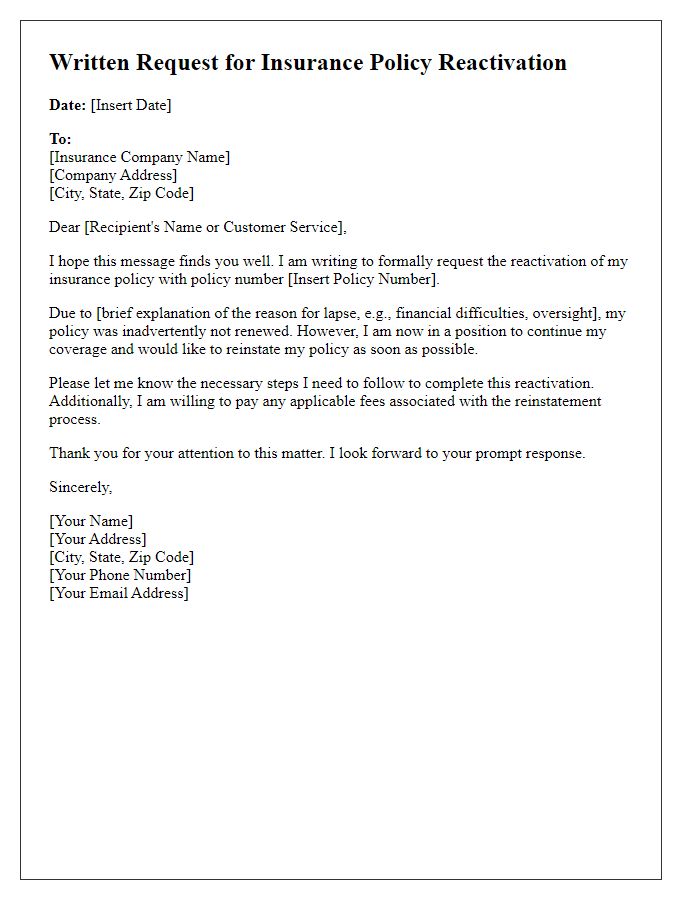 Letter template of Written Request for Insurance Policy Reactivation