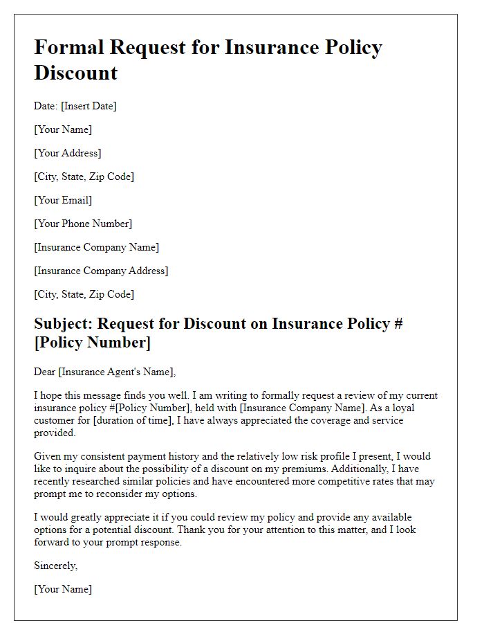 Letter template of formal request for insurance policy discount