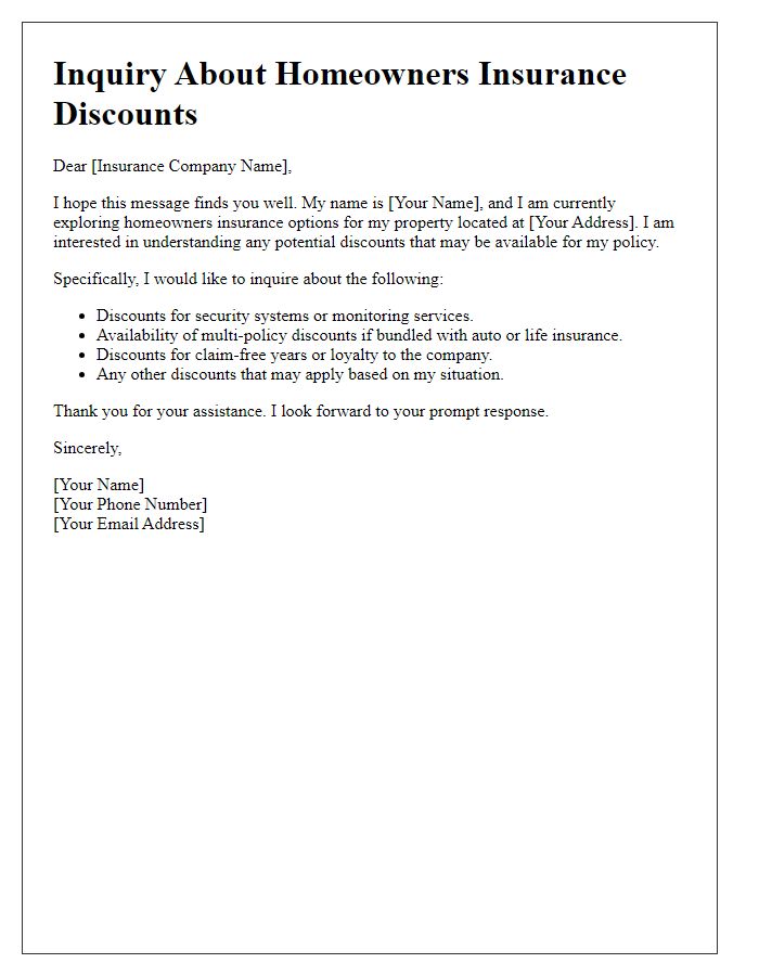 Letter template of inquiry into homeowners insurance discounts