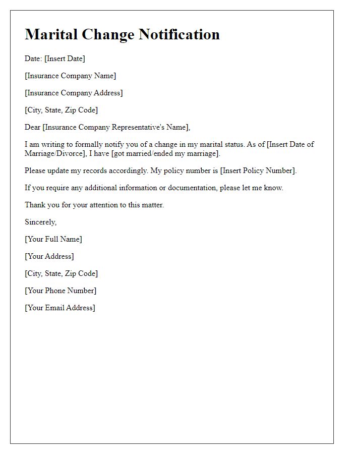 Letter template of marital change notification for insurance purposes