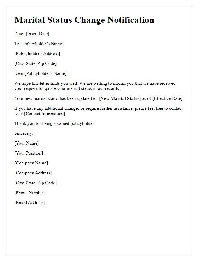 Letter template of marital status change notification for policyholders