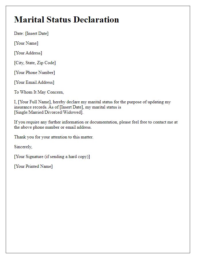 Letter template of marital status declaration for insurance records