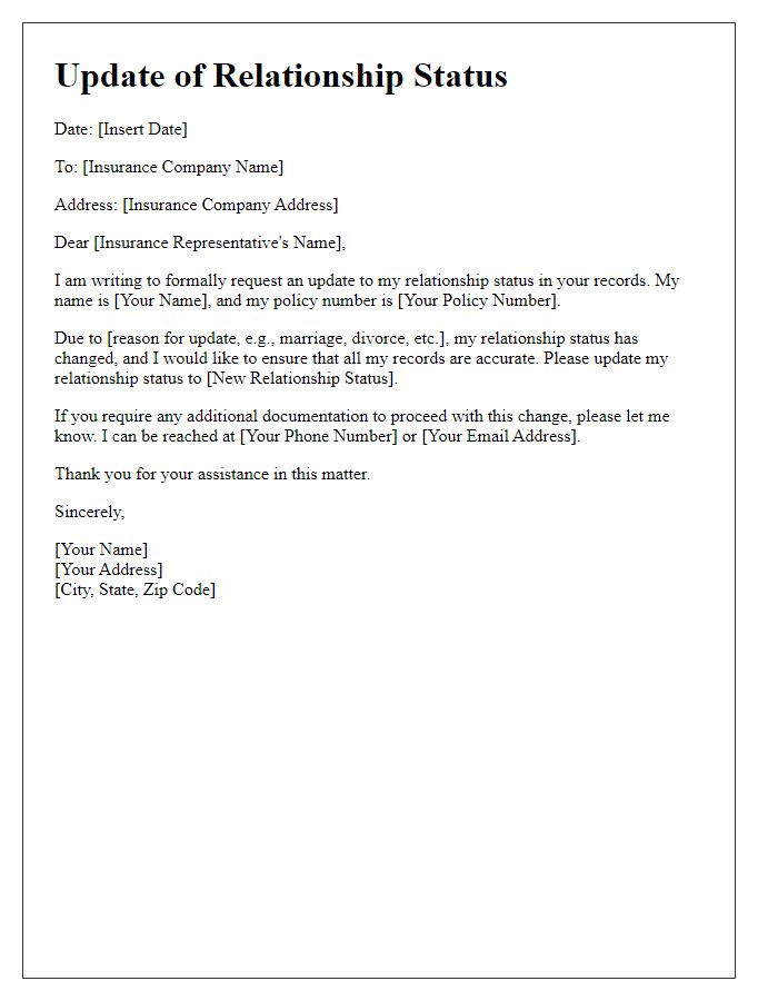 Letter template of updating relationship status in insurance records