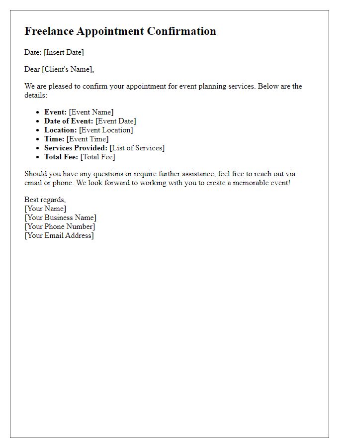 Letter template of freelance appointment confirmation for event planning services.