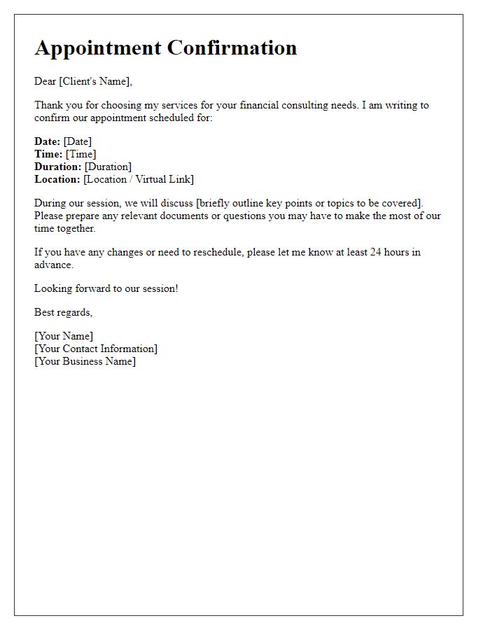 Letter template of freelance appointment confirmation for financial consulting session.