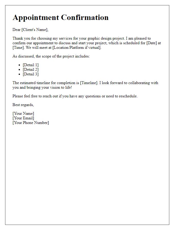 Letter template of freelance appointment confirmation for graphic design project.