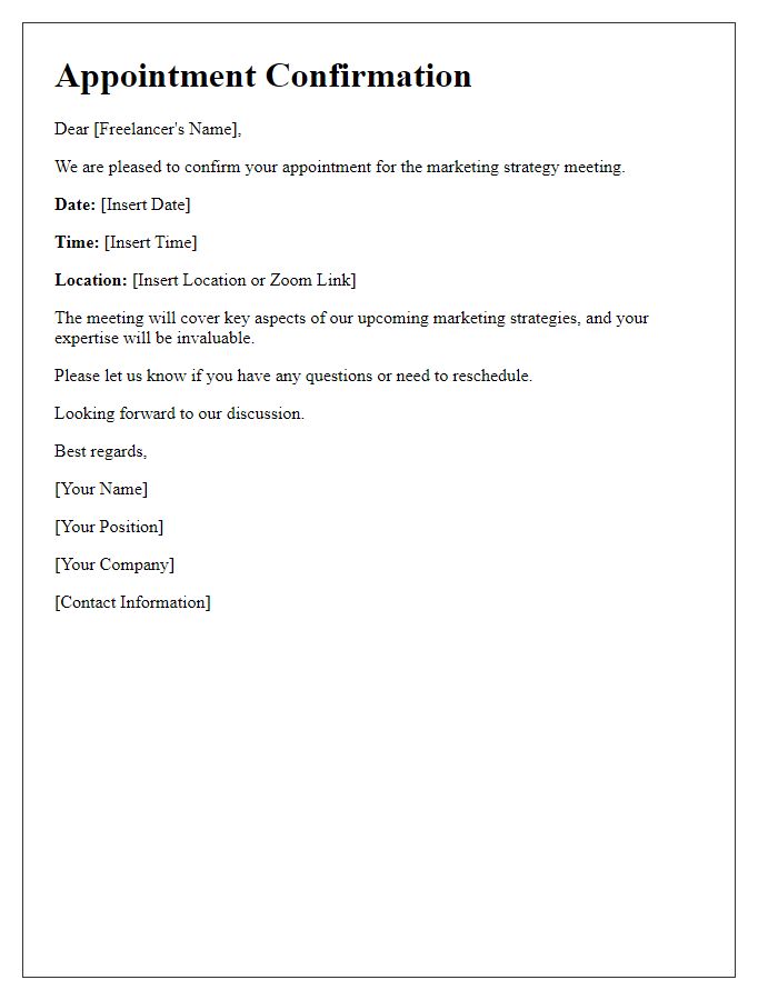 Letter template of freelance appointment confirmation for marketing strategy meeting.