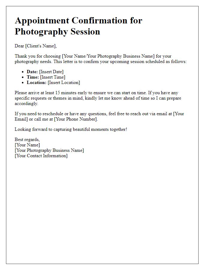 Letter template of freelance appointment confirmation for photography session.