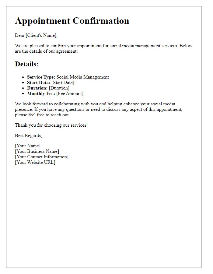 Letter template of freelance appointment confirmation for social media management services.