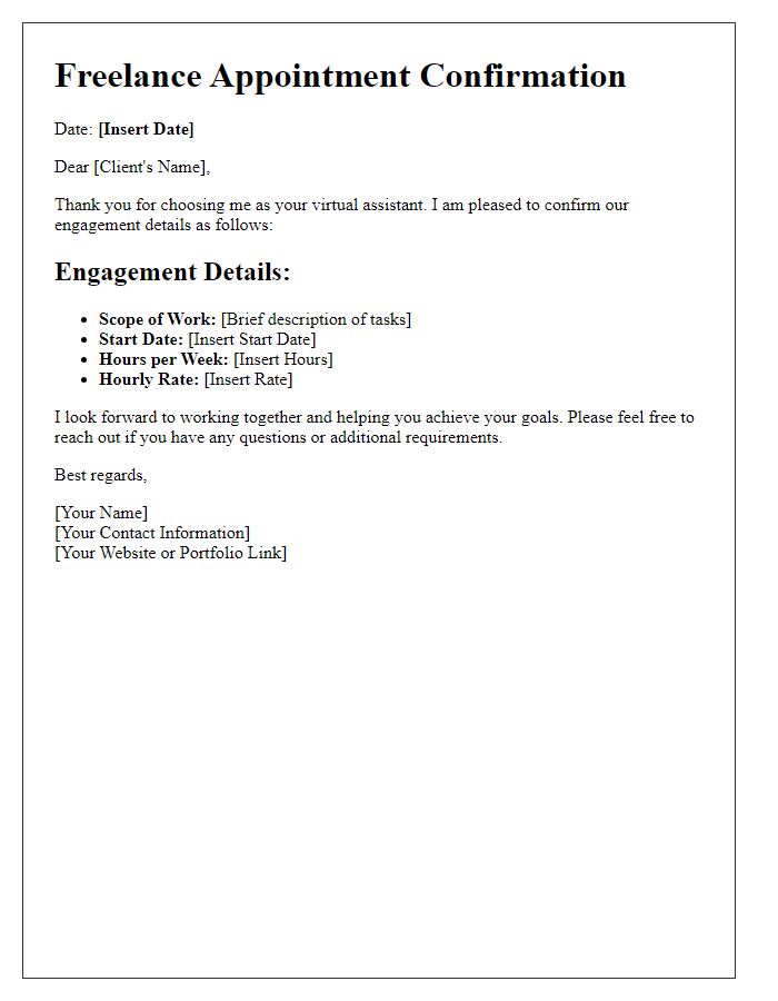 Letter template of freelance appointment confirmation for virtual assistance engagement.