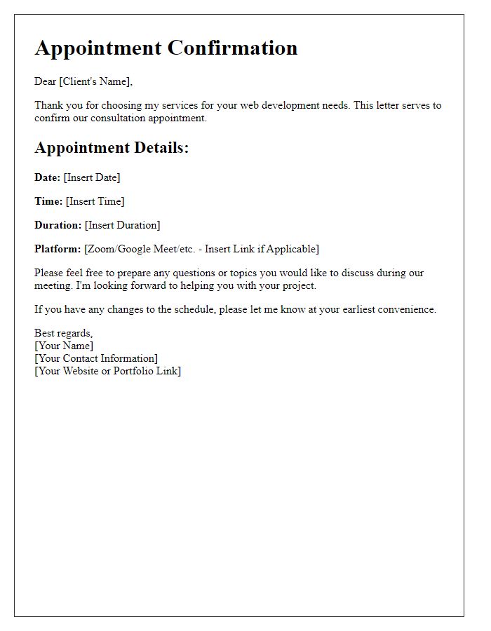 Letter template of freelance appointment confirmation for web development consultation.