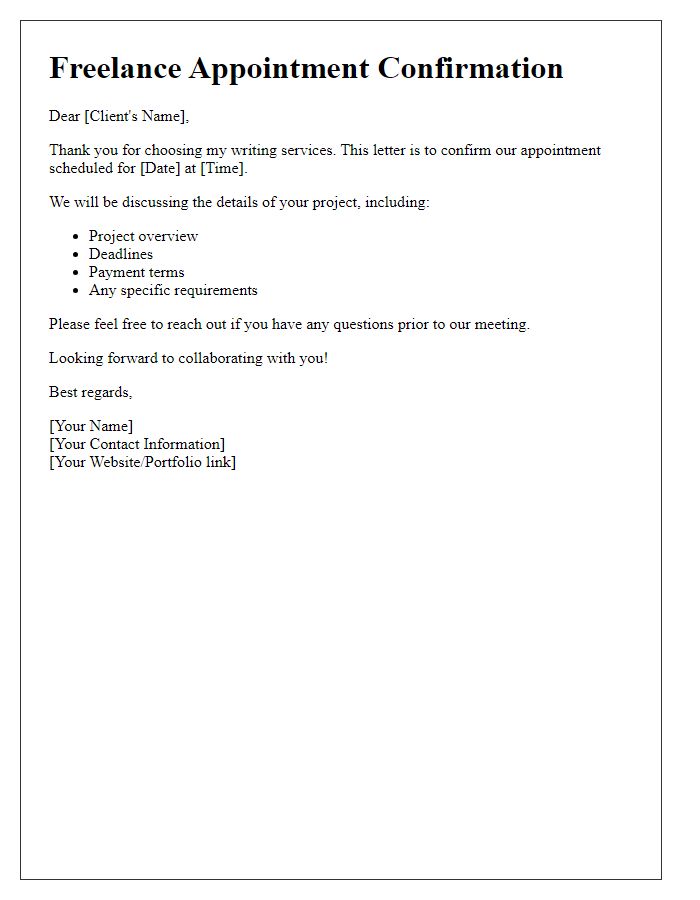 Letter template of freelance appointment confirmation for writing services.