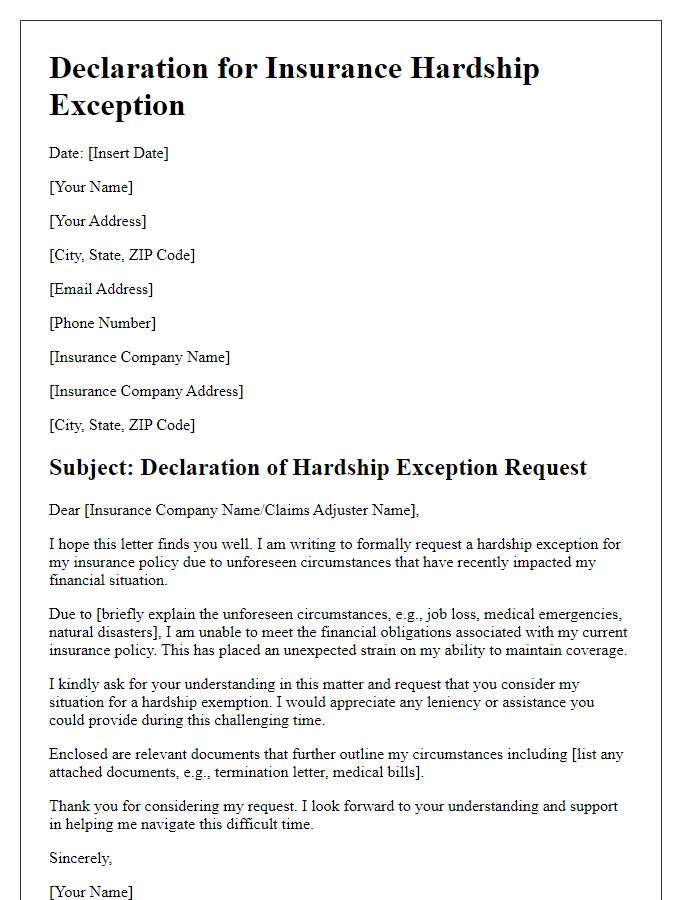 Letter template of declaration for insurance hardship exception caused by unforeseen circumstances