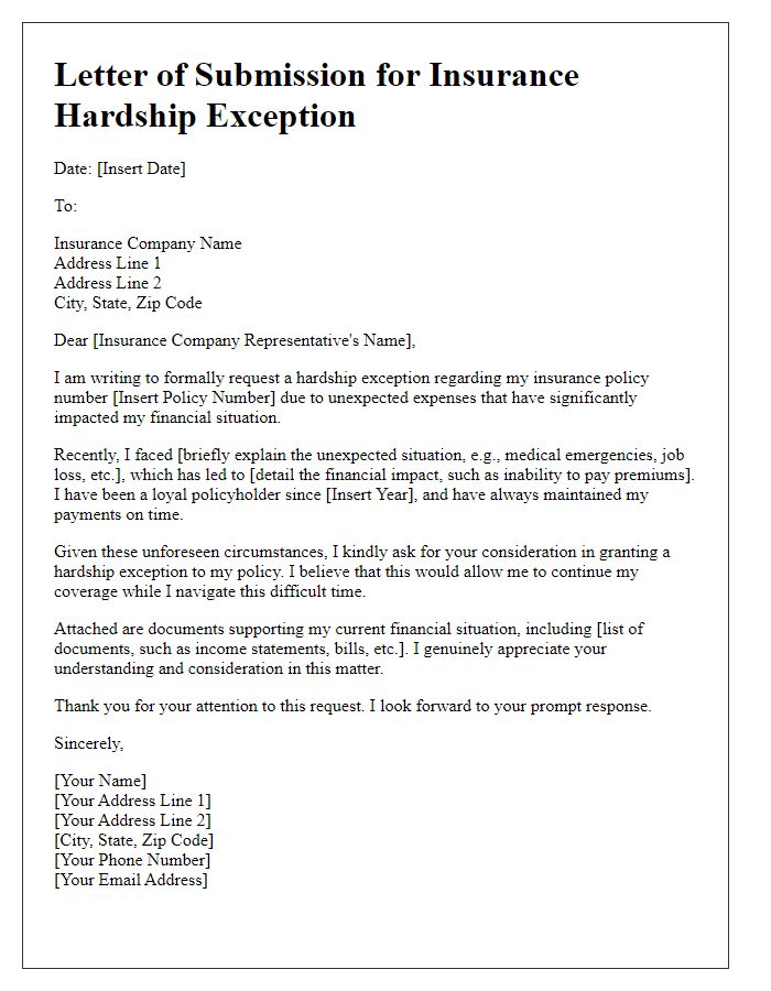 Letter template of submission for insurance hardship exception in light of unexpected expenses