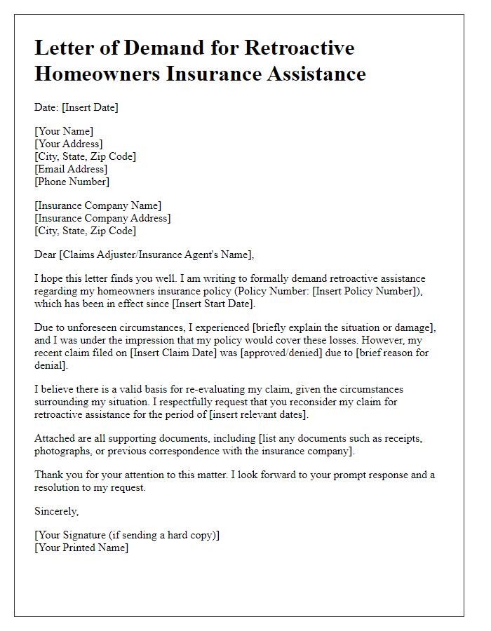 Letter template of demand for retroactive homeowners insurance assistance