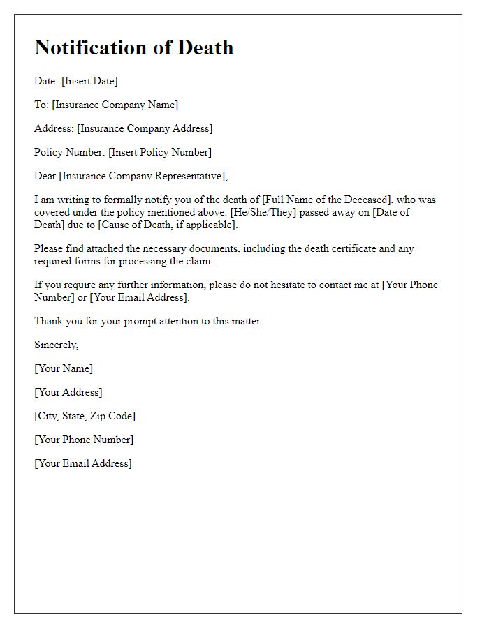 Letter template of advising the insurer regarding the death of the covered individual.