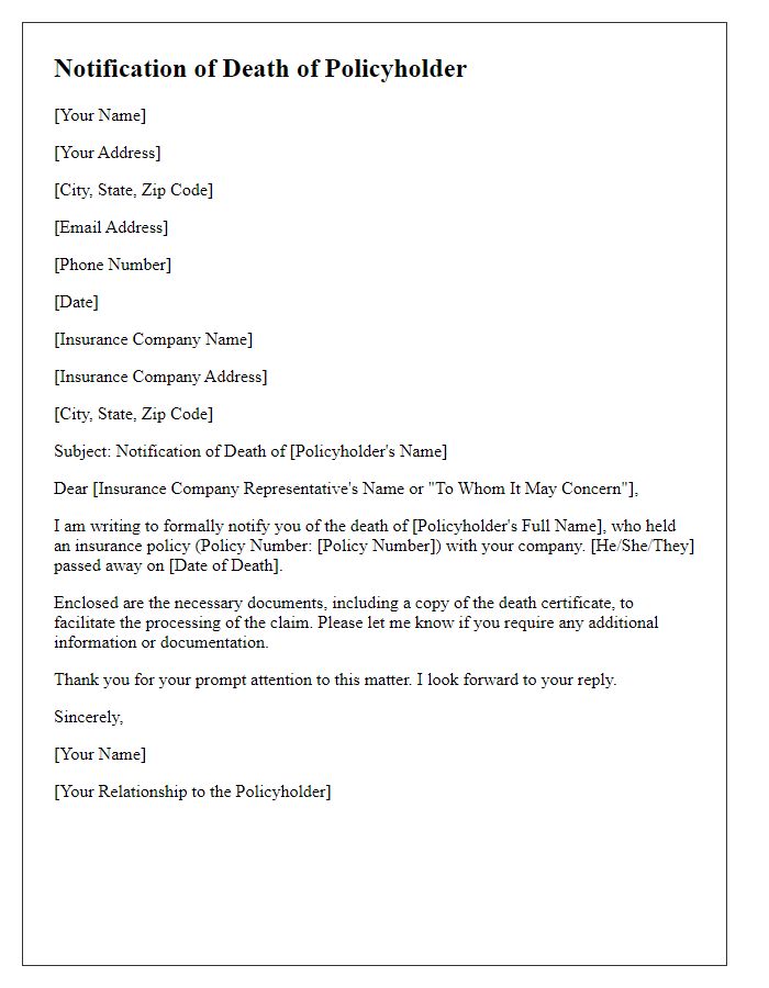 Letter template of formally notifying the insurance organization about the death of the policyholder.