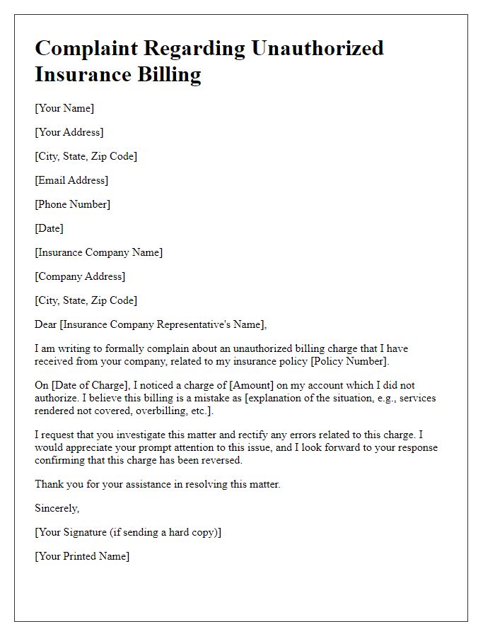 Letter template of complaint regarding unauthorized insurance billing.