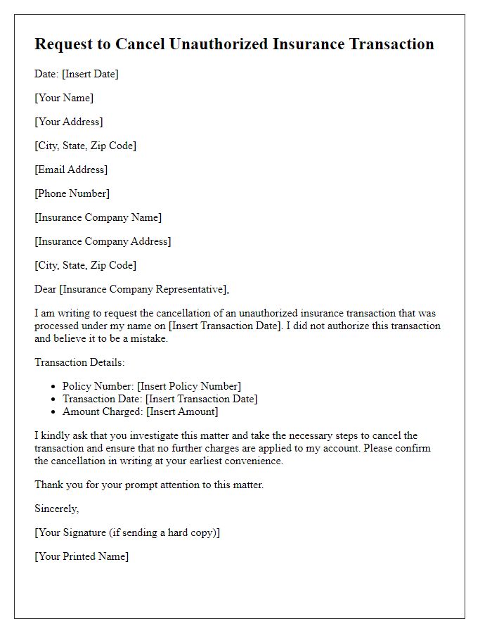 Letter template of request to cancel unauthorized insurance transaction.