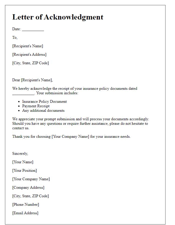 Letter template of acknowledgment for receipt of insurance policy documents.